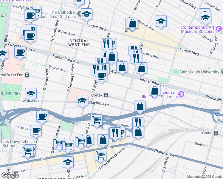 map of restaurants, bars, coffee shops, grocery stores, and more near in St. Louis