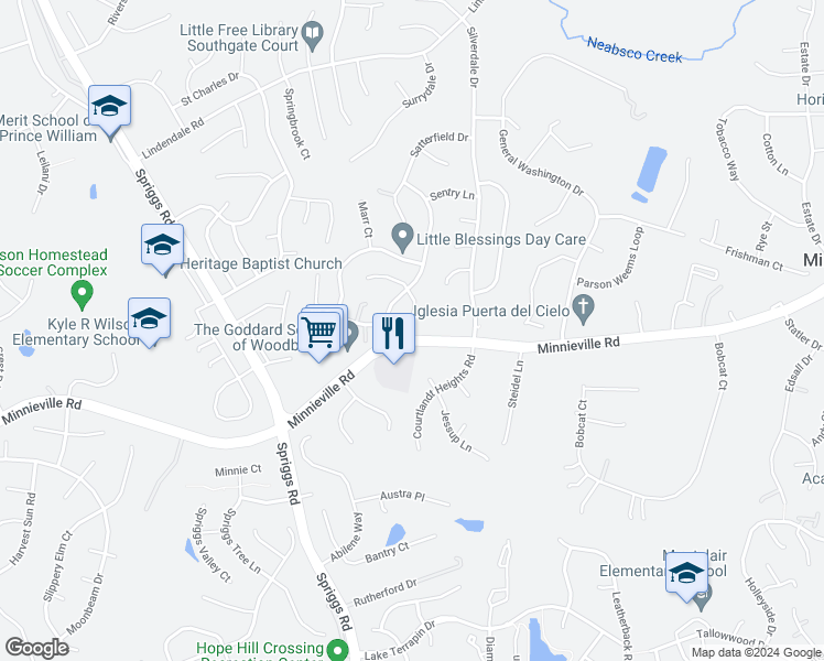 map of restaurants, bars, coffee shops, grocery stores, and more near 14718 Cloyd Way in Woodbridge