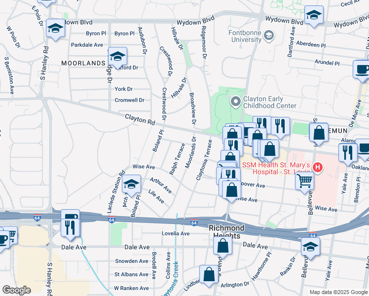 map of restaurants, bars, coffee shops, grocery stores, and more near 1114 Moorlands Drive in Richmond Heights