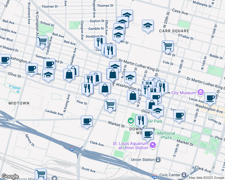 map of restaurants, bars, coffee shops, grocery stores, and more near 2323 Locust Street in St. Louis