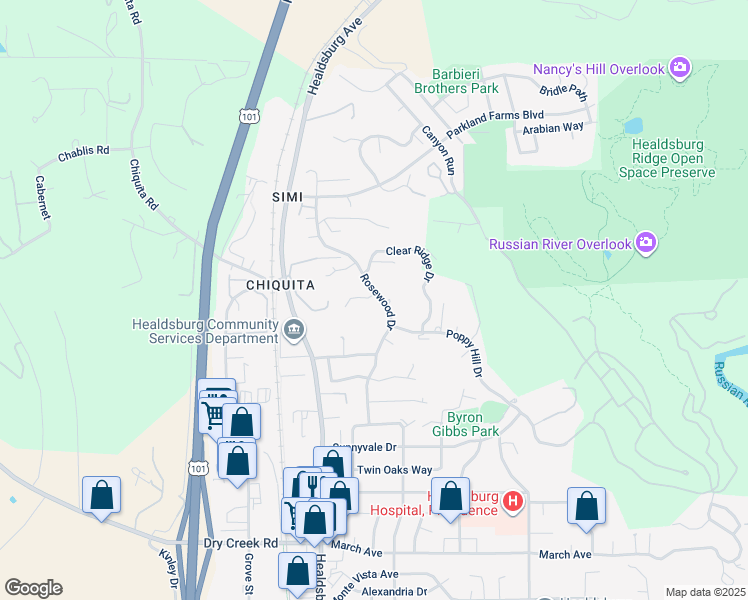 map of restaurants, bars, coffee shops, grocery stores, and more near 131 Sienna Court in Healdsburg