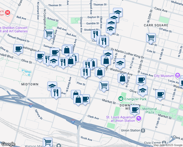 map of restaurants, bars, coffee shops, grocery stores, and more near 2633 Olive Street in St. Louis