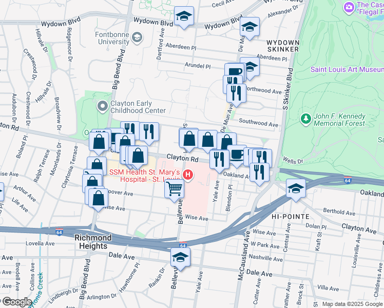 map of restaurants, bars, coffee shops, grocery stores, and more near 6500 Clayton Road in Clayton