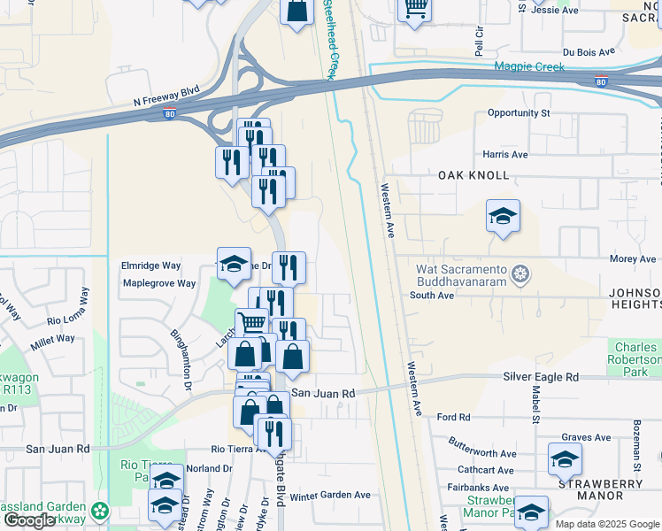 map of restaurants, bars, coffee shops, grocery stores, and more near 110 Department of Trans Dw in Sacramento