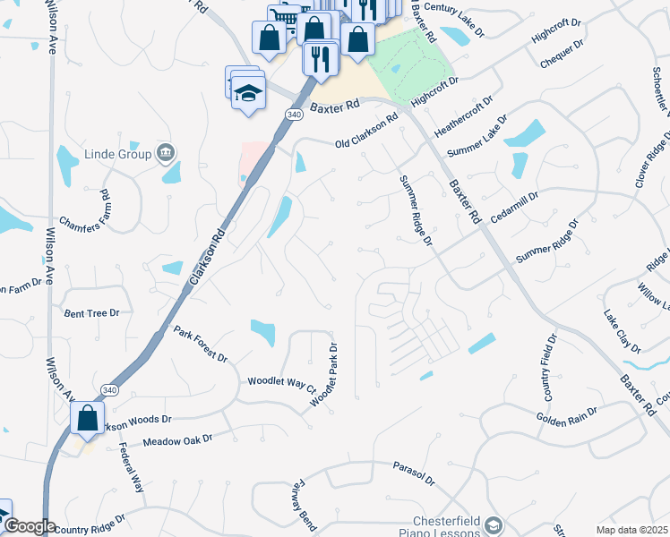 map of restaurants, bars, coffee shops, grocery stores, and more near 1926 Lone Trail Lane in Chesterfield