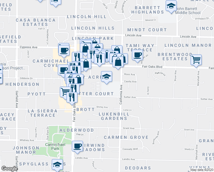 map of restaurants, bars, coffee shops, grocery stores, and more near 6141 Sutter Avenue in Carmichael