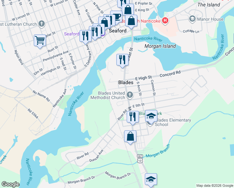map of restaurants, bars, coffee shops, grocery stores, and more near 34 Seaford Meadows Drive in Seaford