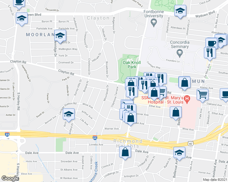 map of restaurants, bars, coffee shops, grocery stores, and more near 1011 Claytonia Terrace in St. Louis
