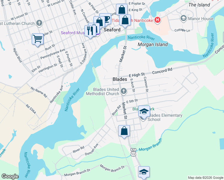 map of restaurants, bars, coffee shops, grocery stores, and more near 34 Seaford Meadows Drive in Seaford