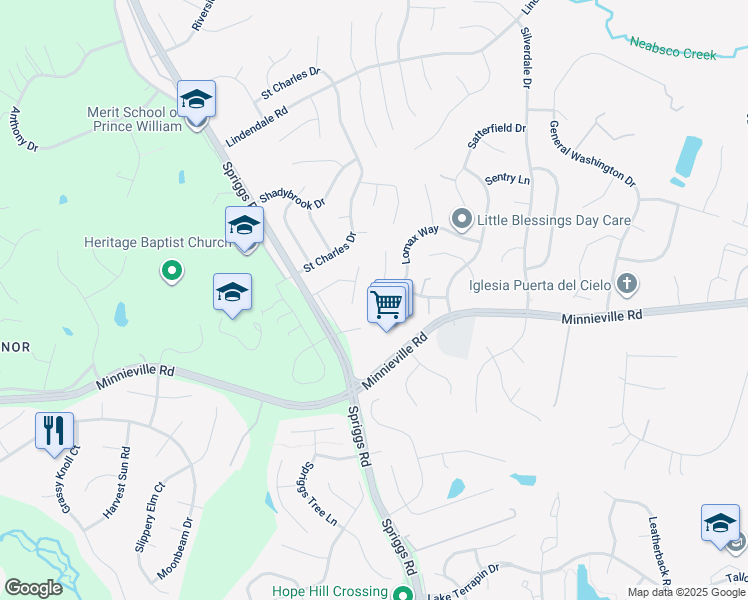 map of restaurants, bars, coffee shops, grocery stores, and more near 5442 Lomax Way in Woodbridge