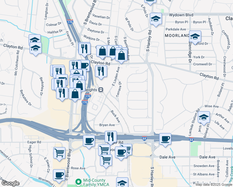 map of restaurants, bars, coffee shops, grocery stores, and more near 1087 Terrace Drive in Richmond Heights