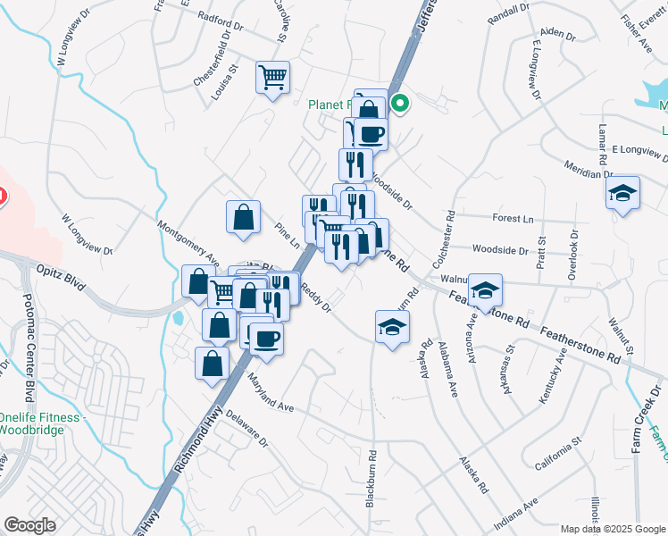 map of restaurants, bars, coffee shops, grocery stores, and more near 14643 Jefferson Davis Highway in Woodbridge