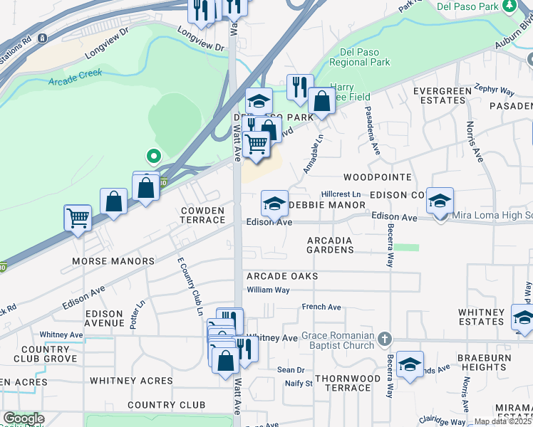 map of restaurants, bars, coffee shops, grocery stores, and more near 3525 Edison Avenue in Sacramento