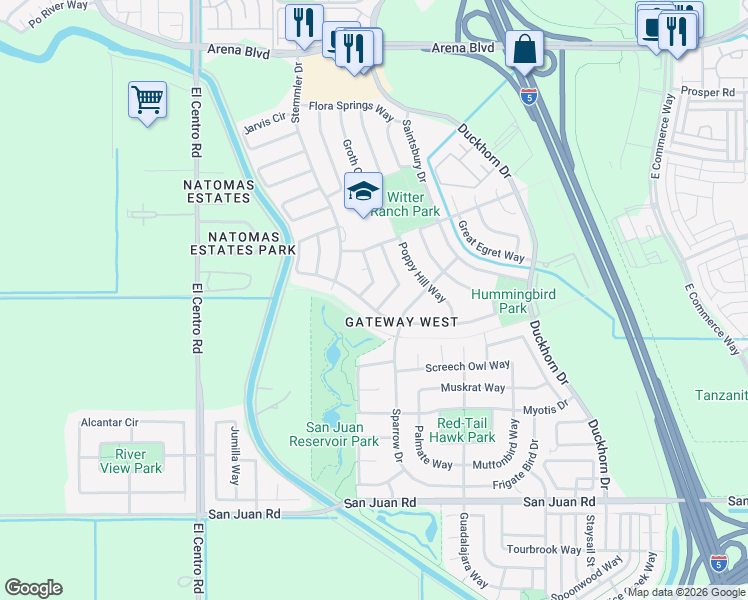 map of restaurants, bars, coffee shops, grocery stores, and more near 2915 Chateau Montelena Way in Sacramento
