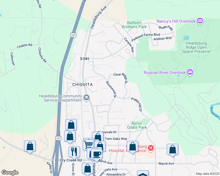 map of restaurants, bars, coffee shops, grocery stores, and more near 131 Sienna Court in Healdsburg