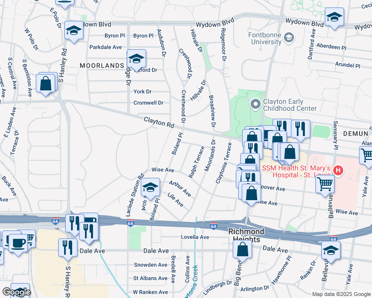 map of restaurants, bars, coffee shops, grocery stores, and more near 1134 Boland Place in Richmond Heights