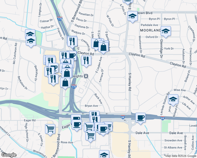 map of restaurants, bars, coffee shops, grocery stores, and more near 8412 Winzenburg Drive in Richmond Heights