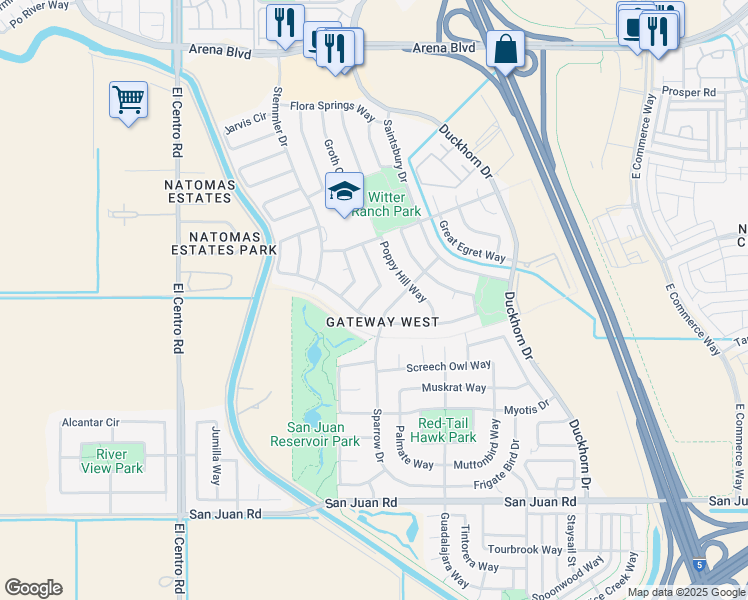 map of restaurants, bars, coffee shops, grocery stores, and more near 3616 Trefethen Way in Sacramento