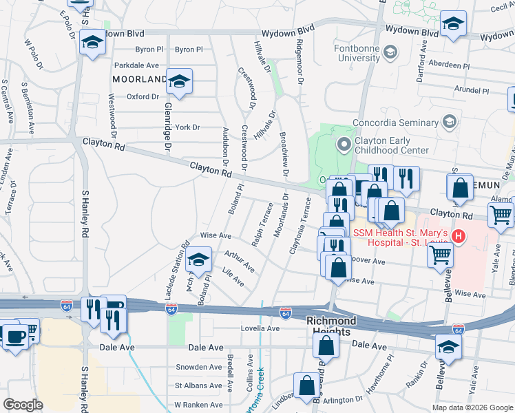 map of restaurants, bars, coffee shops, grocery stores, and more near 1115 Ralph Terrace in Richmond Heights
