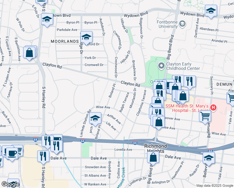 map of restaurants, bars, coffee shops, grocery stores, and more near 1134 Boland Place in Richmond Heights