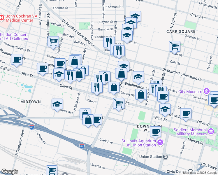 map of restaurants, bars, coffee shops, grocery stores, and more near 2612 Locust Street in St. Louis