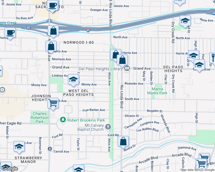 map of restaurants, bars, coffee shops, grocery stores, and more near 3645 Altos Avenue in Sacramento