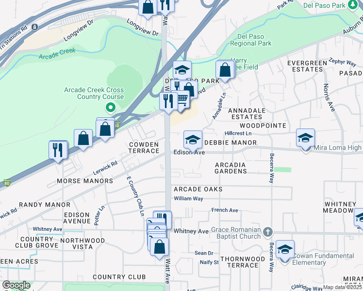 map of restaurants, bars, coffee shops, grocery stores, and more near 3525 Edison Avenue in Sacramento