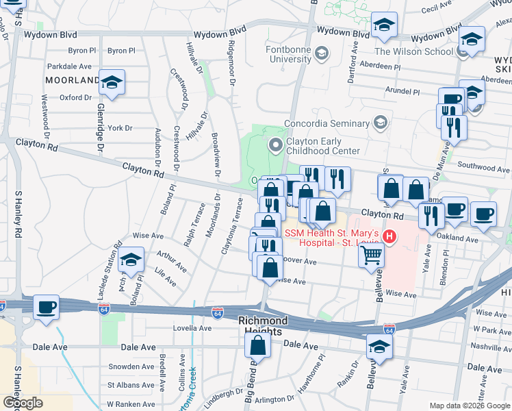 map of restaurants, bars, coffee shops, grocery stores, and more near 1022 Commodore Drive in Richmond Heights
