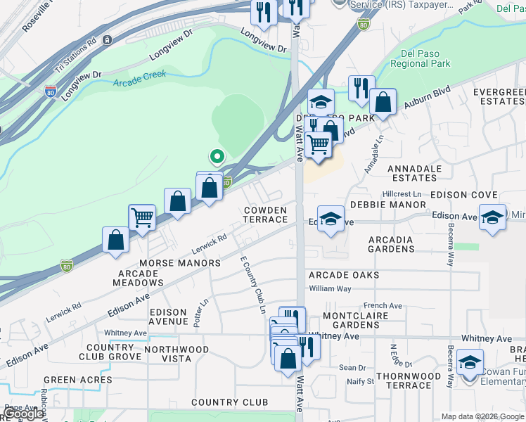 map of restaurants, bars, coffee shops, grocery stores, and more near 3473 Edison Avenue in Sacramento