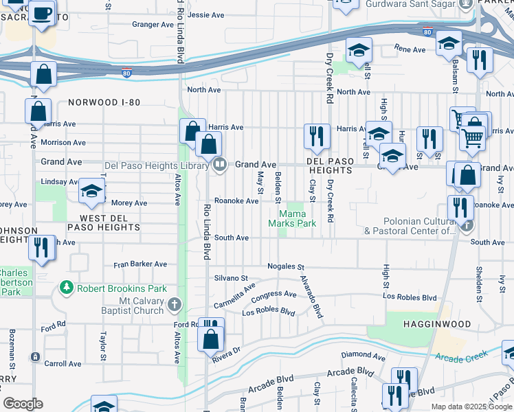 map of restaurants, bars, coffee shops, grocery stores, and more near 3625 May Street in Sacramento