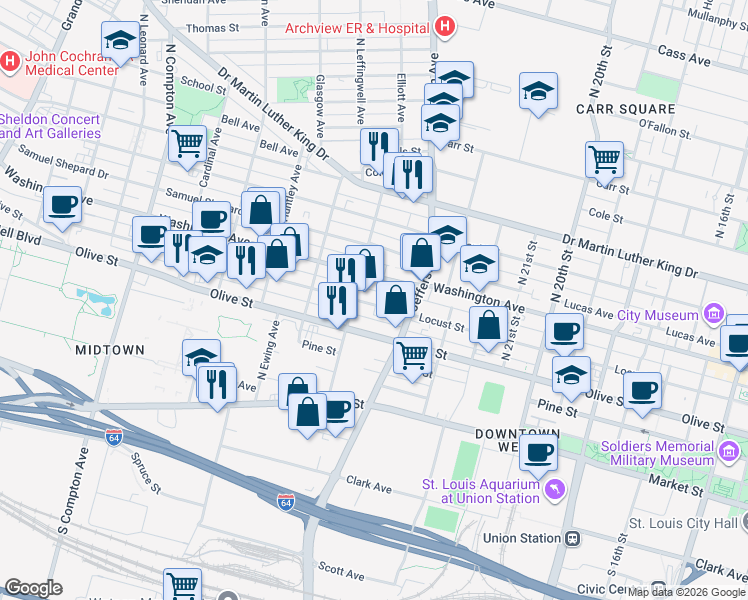 map of restaurants, bars, coffee shops, grocery stores, and more near 2633 Olive Street in St. Louis