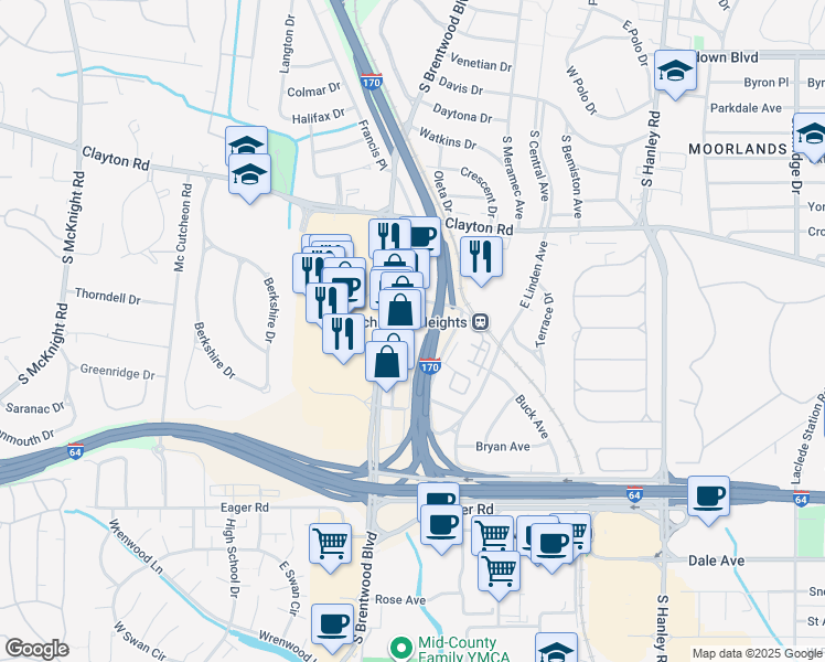 map of restaurants, bars, coffee shops, grocery stores, and more near 1122 South Brentwood Boulevard in Richmond Heights