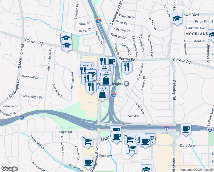map of restaurants, bars, coffee shops, grocery stores, and more near 1122 South Brentwood Boulevard in Richmond Heights