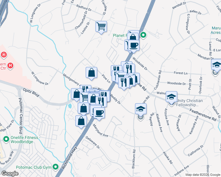 map of restaurants, bars, coffee shops, grocery stores, and more near 14643 Jefferson Davis Highway in Woodbridge