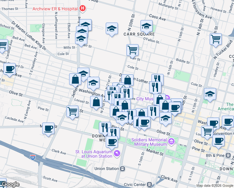 map of restaurants, bars, coffee shops, grocery stores, and more near 2011 Lucas Avenue in St. Louis