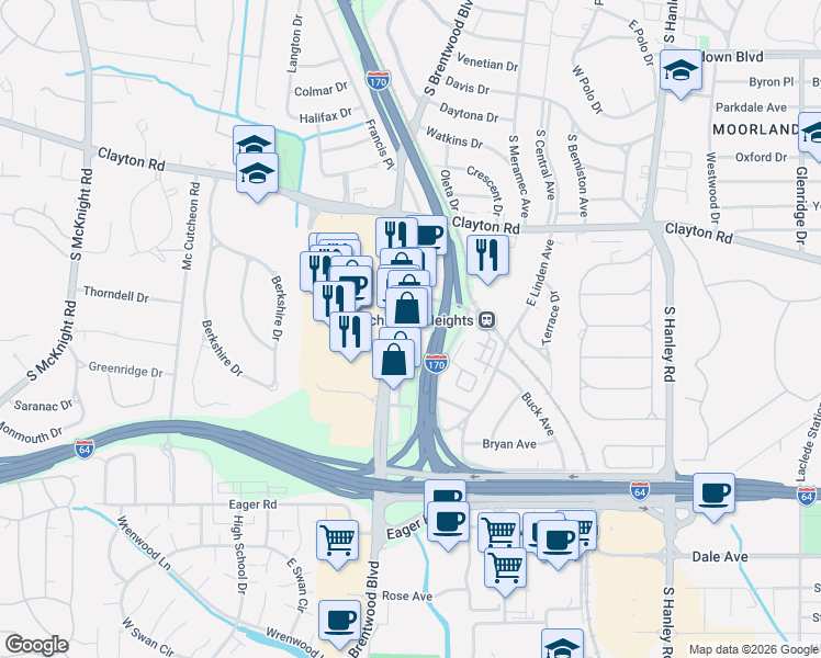 map of restaurants, bars, coffee shops, grocery stores, and more near 1122 South Brentwood Boulevard in Richmond Heights