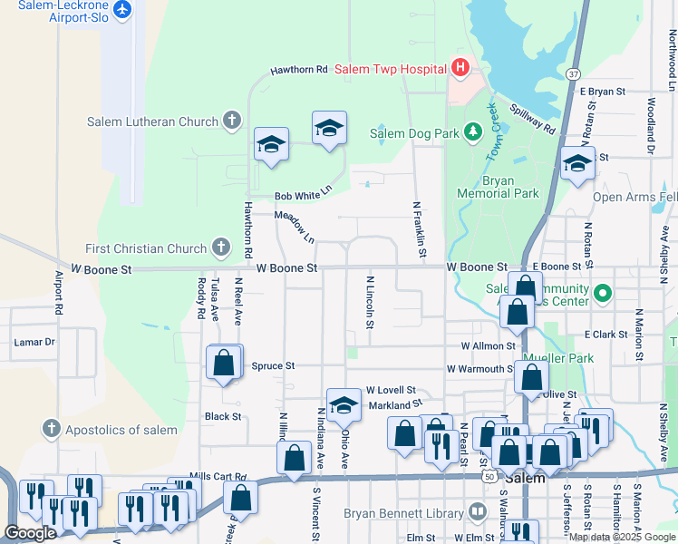 map of restaurants, bars, coffee shops, grocery stores, and more near 705 North Ohio Avenue in Salem