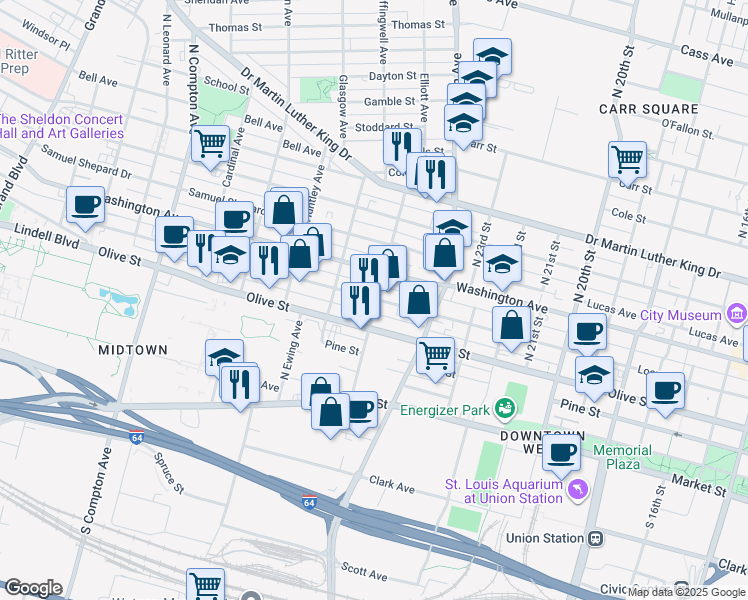 map of restaurants, bars, coffee shops, grocery stores, and more near 2633 Olive Street in St. Louis