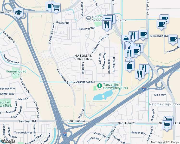 map of restaurants, bars, coffee shops, grocery stores, and more near 3737 Naturita Way in Sacramento