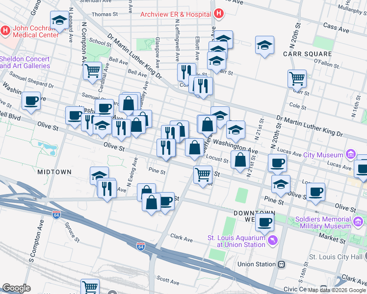 map of restaurants, bars, coffee shops, grocery stores, and more near 2633 Olive Street in St. Louis
