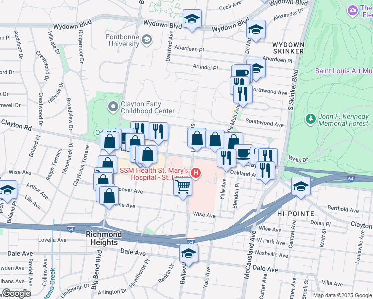 map of restaurants, bars, coffee shops, grocery stores, and more near 6501 Clayton Road in Clayton