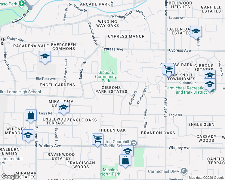 map of restaurants, bars, coffee shops, grocery stores, and more near 4748 Salem Way in Carmichael