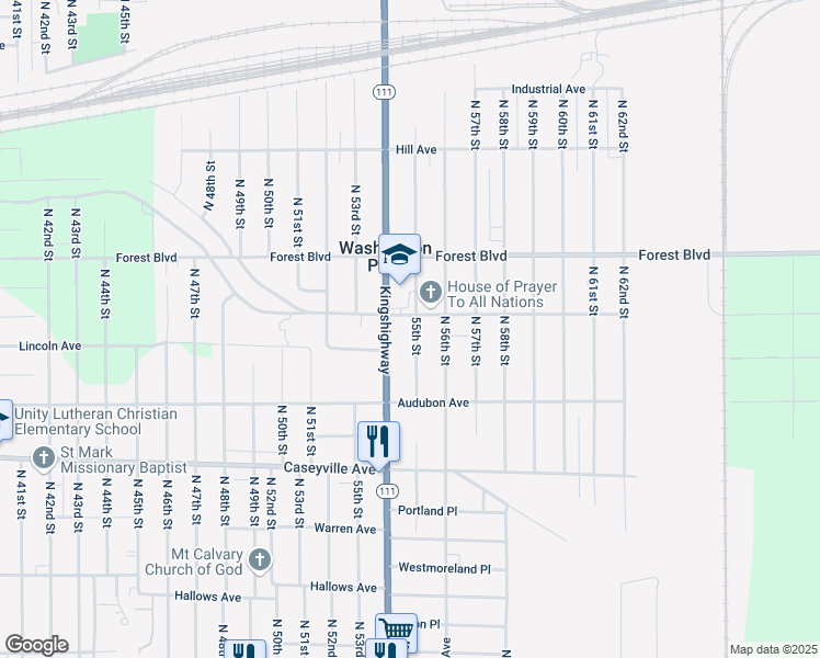 map of restaurants, bars, coffee shops, grocery stores, and more near 1842 North 55th Street in East St. Louis