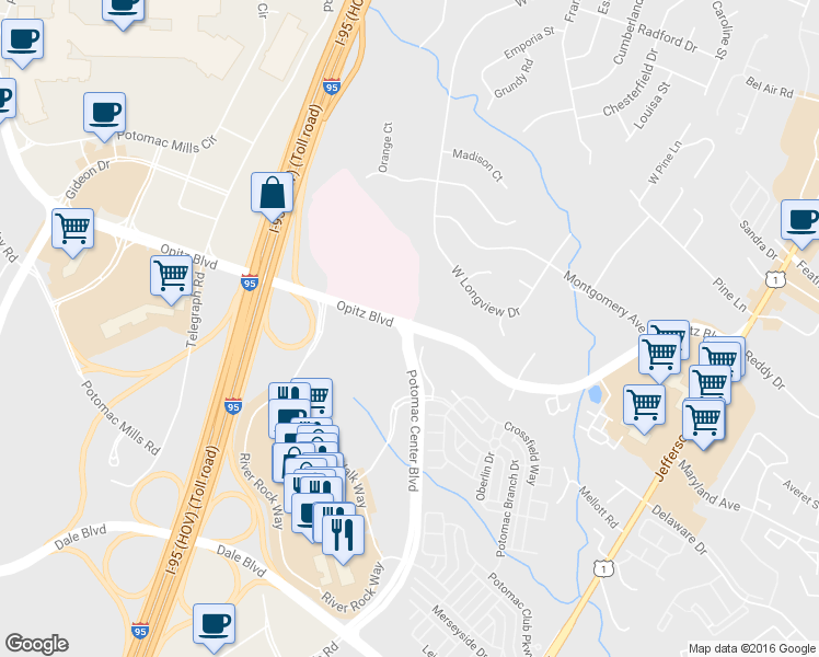 map of restaurants, bars, coffee shops, grocery stores, and more near Opitz Blvd & Neabsco Mills Rd in Woodbridge