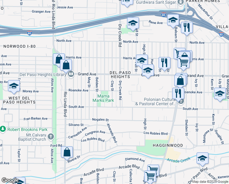 map of restaurants, bars, coffee shops, grocery stores, and more near 3631 Dry Creek Road in Sacramento