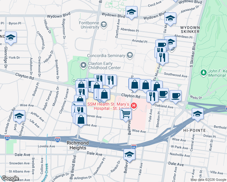 map of restaurants, bars, coffee shops, grocery stores, and more near 6619 Clayton Road in Richmond Heights