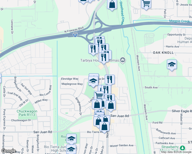 map of restaurants, bars, coffee shops, grocery stores, and more near 3601 Larchwood Drive in Sacramento