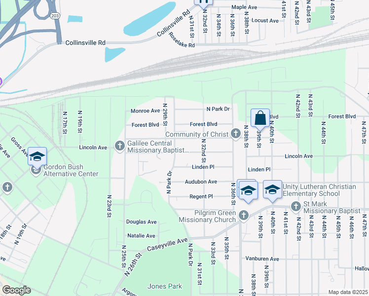 map of restaurants, bars, coffee shops, grocery stores, and more near 1710 Parkview Drive in East St. Louis