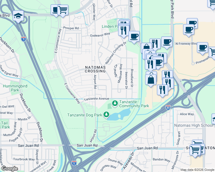 map of restaurants, bars, coffee shops, grocery stores, and more near 3621 Bilsted Way in Sacramento