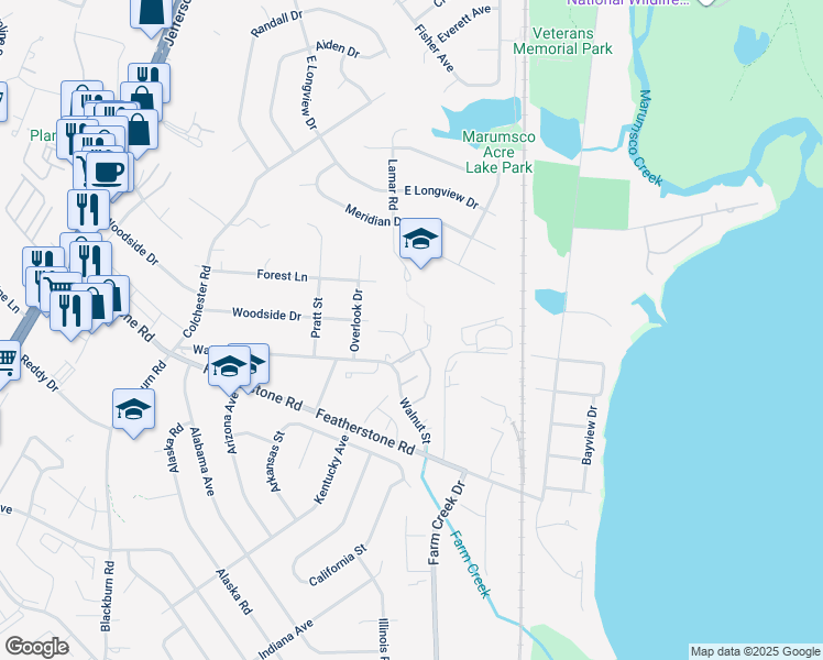 map of restaurants, bars, coffee shops, grocery stores, and more near 14649 Ponderosa Court in Woodbridge